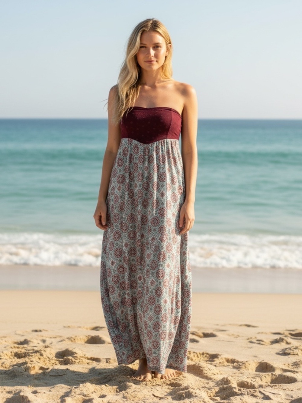 Roxy Y2K Maxi Dress S Babydoll Strapless Beachy Boho Hippie Surf